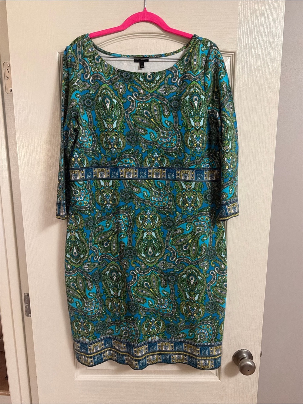 Talbots Teal Green Paisley Border-Trim Sheath Dress